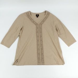 JM Collection Cotton Blouse XL Beige Womens Tunic Boho Airy Shirt Silver Eyelets